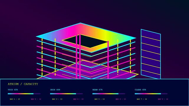Bim modeling software visualizes structural frameworks with glowing neon lines representing floor levels and dynamic data statistics shown on a digital interface within a dark space