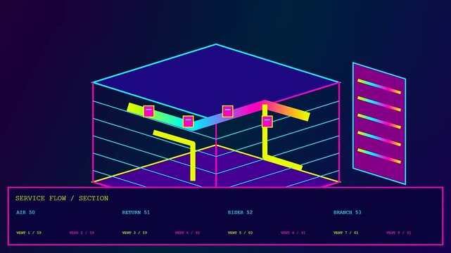 A digital bim modeling interface displays structural isometric layouts with glowing neon air flow segments and ventilation diagrams for modern architectural planning and engineering design projects