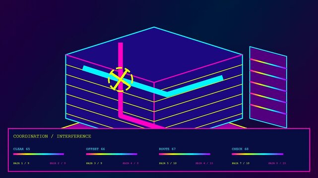 A digital bim modeling interface displays structural isometric cubes shifting with glowing pink beams while numerical data metrics flicker across a dark glowing interface board animation