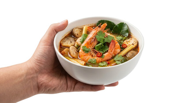 A hand holding a bowl of traditional Thai seafood soup, showcasing large shrimp, mushrooms, and aromatic herbs like coriander and kaffir lime leaves, set against a black background