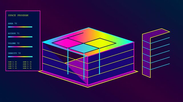 Bim modeling software interfaces displayed on a dark glowing screen showcasing architectural volume data and three dimensional structure analysis with neon gradient light effects in motion