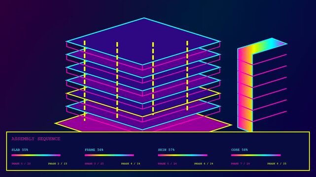 the bim modeling process is illustrated through a digital assembly sequence showing structural development stages of an isometric building model with glowing neon grid aesthetic elements