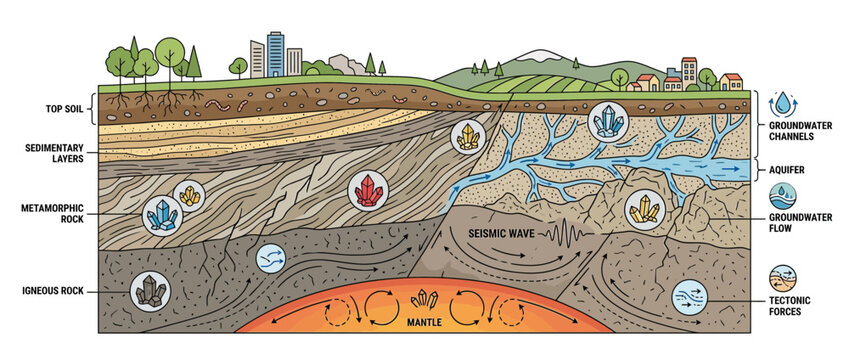 Geological cross-section showing earth layers and underground water