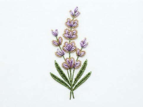 Lavender flower embroidery artwork with purple blooms and green stems on white background