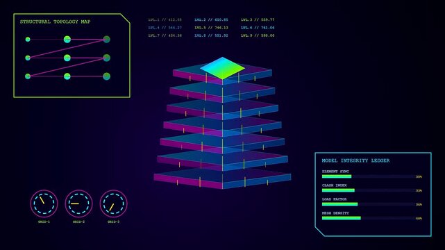 Three animated frames showcasing complex bim modeling software with rotating digital structures and pulsing data charts displayed on a dark blue screen for professional engineering analysis