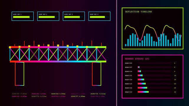 Bim modeling software interface displaying a structural engineering blueprint of a bridge with fluctuating data graphs and stress analysis metrics across a dark digital screen interface