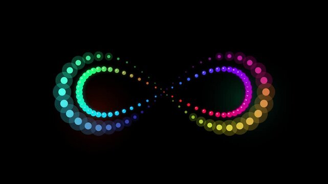 Infinite Rainbow Light Form: A luminous, colorful infinity symbol, created from glowing dots in a spectrum of vibrant hues, floats against a dark background.