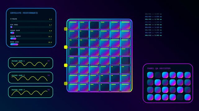 a bim modeling interface displays dynamic architectural performance grids showing varying data patterns across three distinct digital screen sections that fluctuate with real time statistical updates
