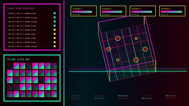 a bim modeling interface displays digital cubic projections with shifting geometric data grids glowing neon light elements and changing analytical volumetric slices within a dark software window