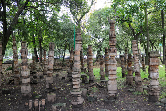 Forest of Stacked Wooden Totem Sculptures