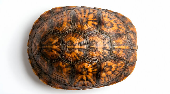 Tortoise shell with intricate brown and golden patterns displayed from above on white background