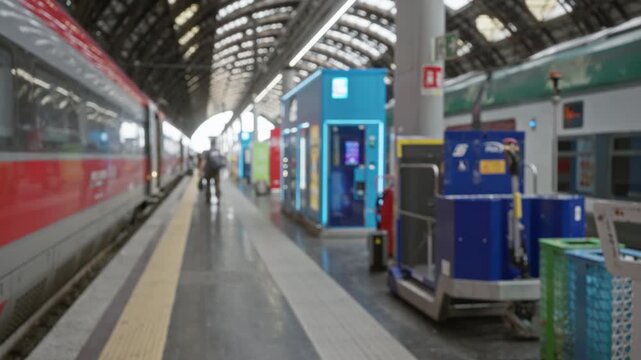 Blurred bokeh train station platform background with soft shallow focus showing out of focus trains, platform edge and arched roof lights; background backdrop copyspace calm.