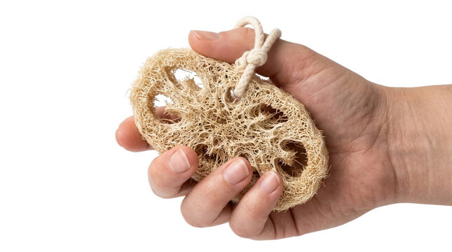 A close-up view of a hand gripping a natural loofah sponge, featuring its textured surface and looped string for hanging, set against a solid black background, emphasizing the organic material