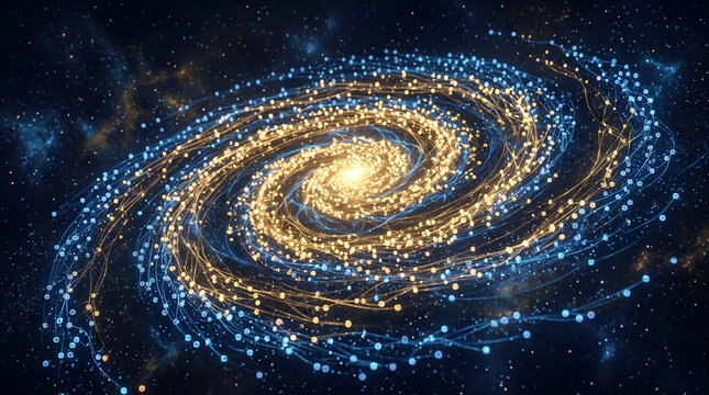 Abstract spiral galaxy structure made of glowing blue and gold data network particles