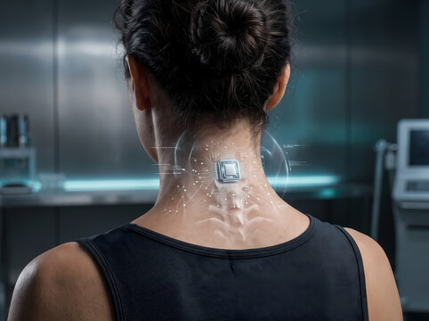 Rear view of a woman with a futuristic neural brain computer interface chip implanted on the back of her neck in a high tech medical laboratory setting