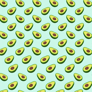 Seamless pattern of fresh avocado halves on a light blue background.