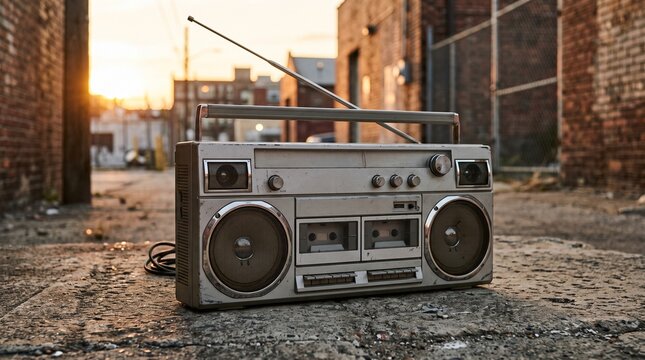 Vintage 1980s boombox ghetto blaster with chrome speakers on weathered concrete, warm sunset light and authentic retro urban atmosphere