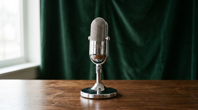 Polished 1950s chrome microphone with rounded grille on a wooden table, soft window light and refined mid-century vintage studio aesthetic