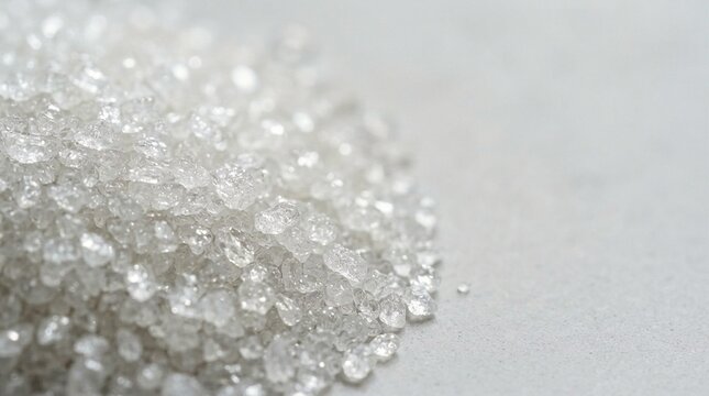 Macro close-up of white granulated sugar crystals scattered on neutral surface