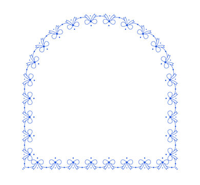 Blue arched bow lace border frame with delicate ribbon garland trim, coquette decorative vertical ornament isolated on white background vector illustration for wedding invitations greeting cards