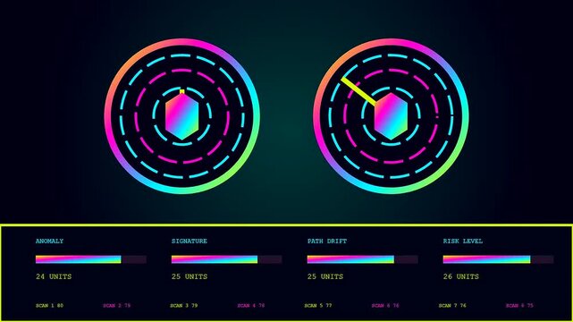 Dynamic blockchain tracking monitor displays glowing circular radar interface panels with fluctuating data bars and shifting colored metric values across three distinct graphical user system screens