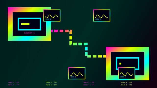 This complex blockchain tracking animation illustrates digital data flow between two geometric ledger nodes with changing neon wave patterns in a dark environment during system operations