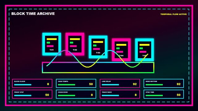 Neon blockchain tracking interface displays pulsating data streams across multiple digital monitors showing changing metric values and rhythmic wave patterns in a vibrant dark digital environment