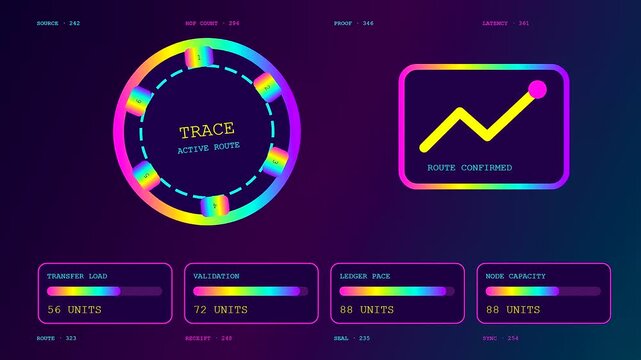 Innovative blockchain tracking interface displays glowing circular nodes and data metrics across a dark digital panel showing real time network activity and server path movement synchronization