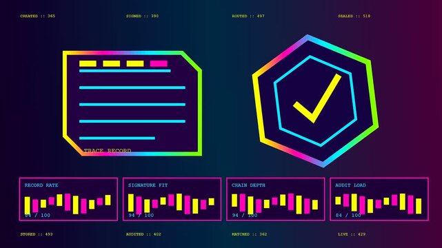 A digital blockchain tracking display shows neon glowing document icons with data bars and status markers in a dark purple interface for information monitoring software