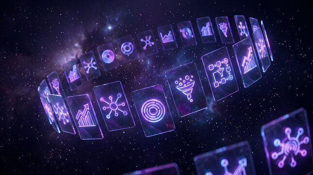 Data analytics icons floating in circle on purple galaxy space background