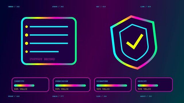 Innovative blockchain tracking panels show digital custody records with colorful gradient shield icons and bar graphs measuring data validation status for secure financial information storage systems