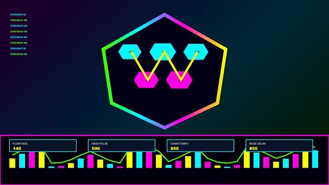 Digital blockchain tracking data flows across a graphical interface with glowing hexagonal nodes and neon bar charts simulating complex algorithmic movement in a dark environment