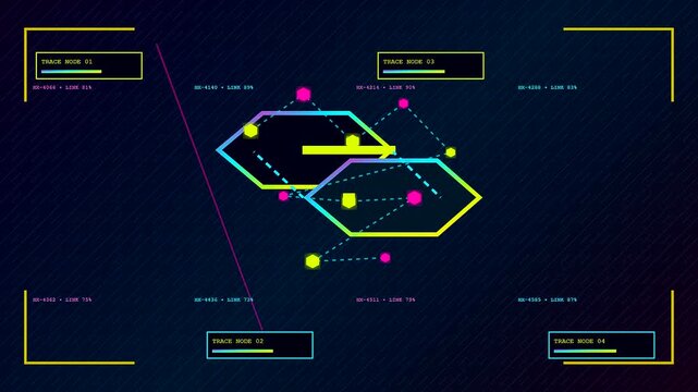 Digital blockchain tracking displays showing moving geometric shapes with colorful nodes and linked data points in a futuristic motion graphics interface for software analysis visualization