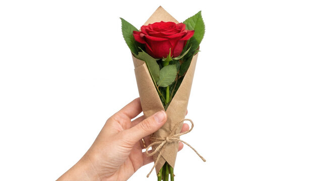 A hand is elegantly holding a beautifully wrapped red rose bouquet, showcasing the flower's lush petals and vibrant color, accentuated by green leaves and simple brown paper packaging tied with twine