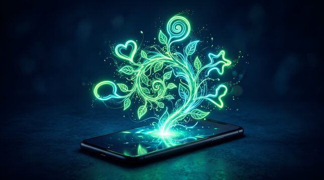 Neon green glowing plant sprouting from a smartphone screen on dark background