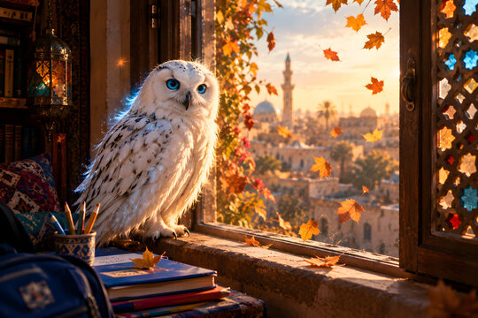 Luminous Owl Perched On School Windowsill In Autumn