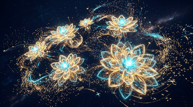 Glowing digital lotus flowers floating in abstract dark space with light particles