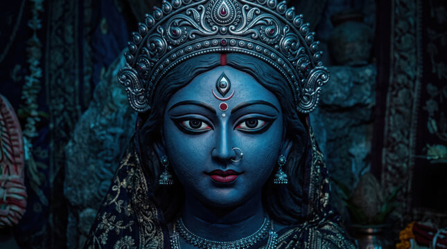 A commanding Bengali Maa Durga face illuminated by subtle cyan and electric-blue ambient temple light for Durga Puja and Navratri