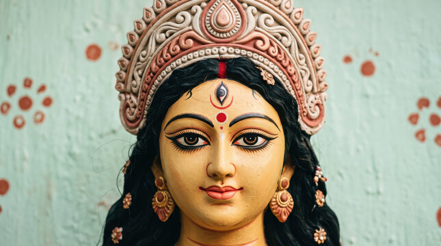 A peaceful Bengali Maa Durga face against a pale mint-green background with scattered terracotta-red painted motifs for Durga Puja and Navratri
