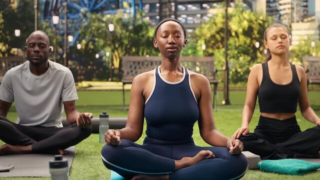 Yoga participants sit cross-legged on mats in sunny public park, beginning outdoor meditation and deep breathing in lotus position while practicing Pilates, mindfulness and group wellness together.