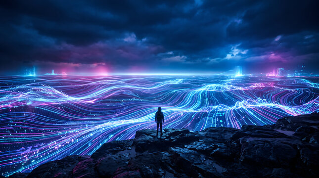 Person standing on a rocky cliff overlooking a futuristic digital data landscape horizon