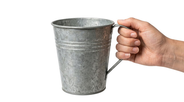 A hand holding a metallic bucket, showcasing its rustic texture and traditional design, set against a solid black background, emphasizing the simplicity and functionality of everyday objects
