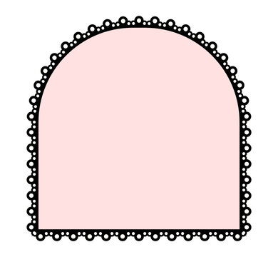 Black bubble eyelet lace arch border with broderie anglaise scalloped cutwork trim encloses pale pink tombstone frame on white as cute label for wedding invitations, gift tags or cottagecore crafts.