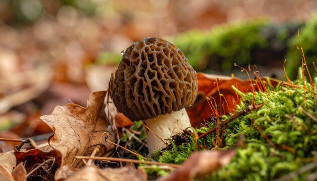 Close-up of a Morel Mushroom growing in mossy forest floor with fallen leaves
