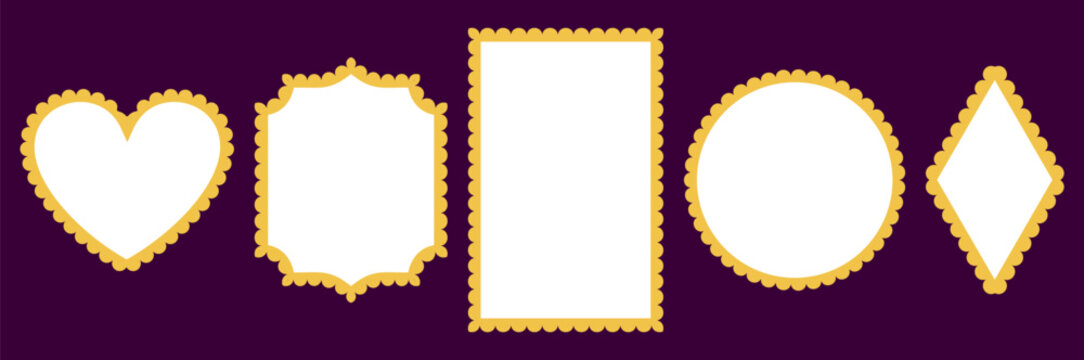 Golden yellow scalloped lace borders frame white heart, circle, diamond, rectangle plus ornate label shapes on dark purple background as bold decorative trim banner set for wedding tags.