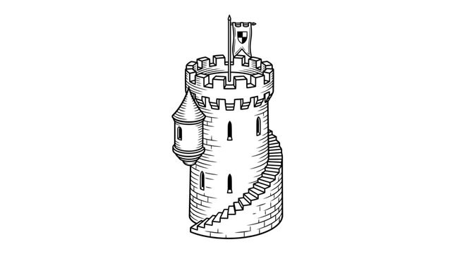Medieval Stone Tower with Flag and Spiral Staircase