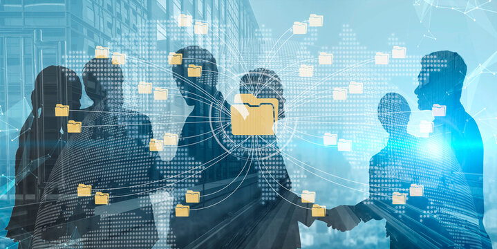 Business professionals engaging in a handshake with networking visuals, digital connections, and folder icons representing data exchange and collaboration Fluxor.