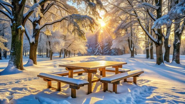 A wooden street table and benches set up amidst snowcovered ground inviting a cozy winter picnic under frosty trees
