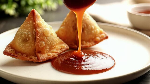 Crispy Indian Samosas with Sweet Tamarind Chutney Pouring on Plate