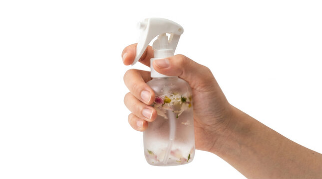 A person holding a clear spray bottle filled with water and infused with natural flowers, demonstrating the use of a floral mist for beauty or home fragrance